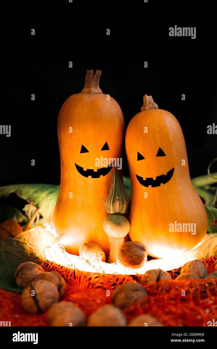 Two Halloween pumpkins on a black background in the light  Stock Photo