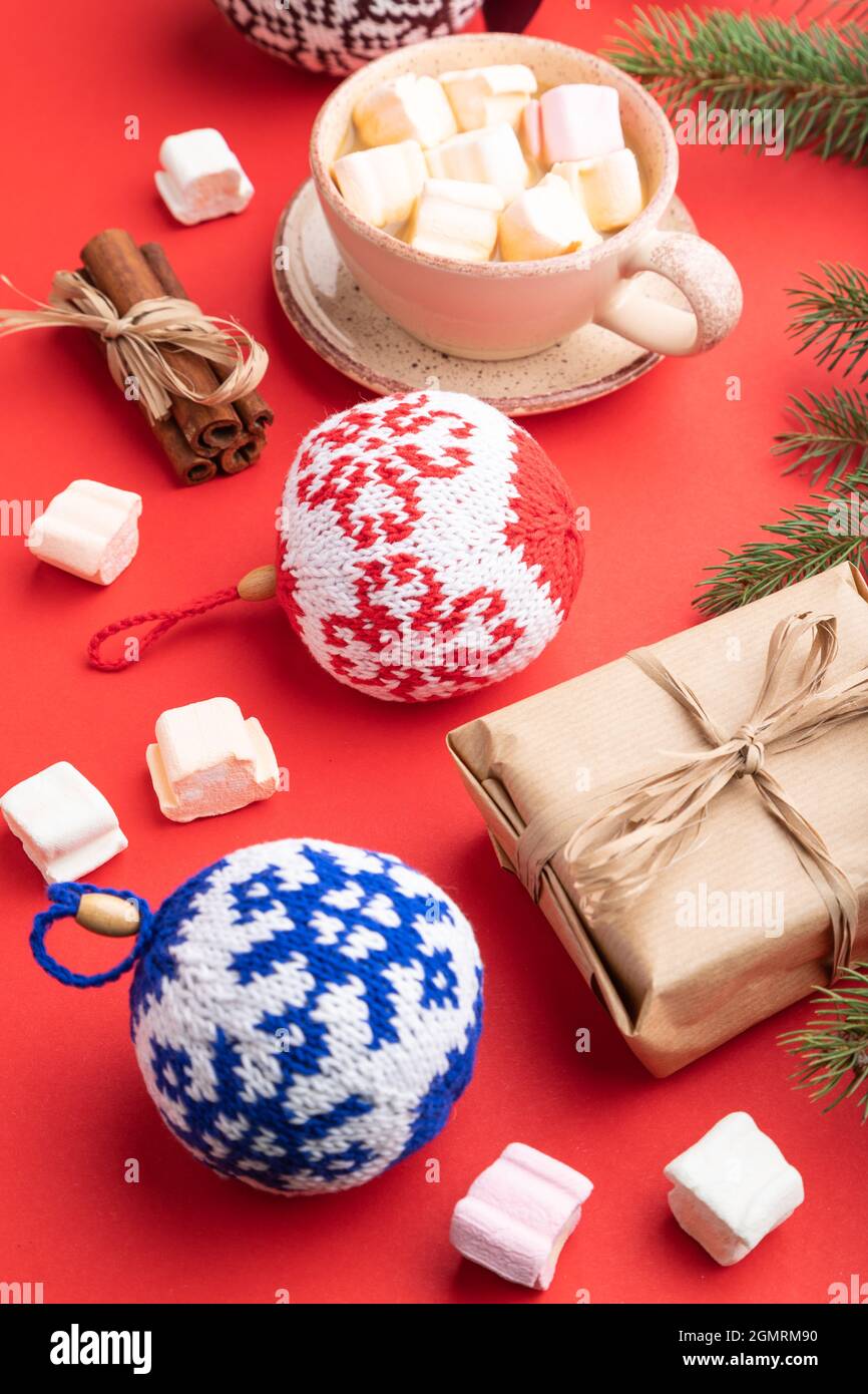 Christmas or New Year composition. Decorations, box, cinnamon, knitted ...