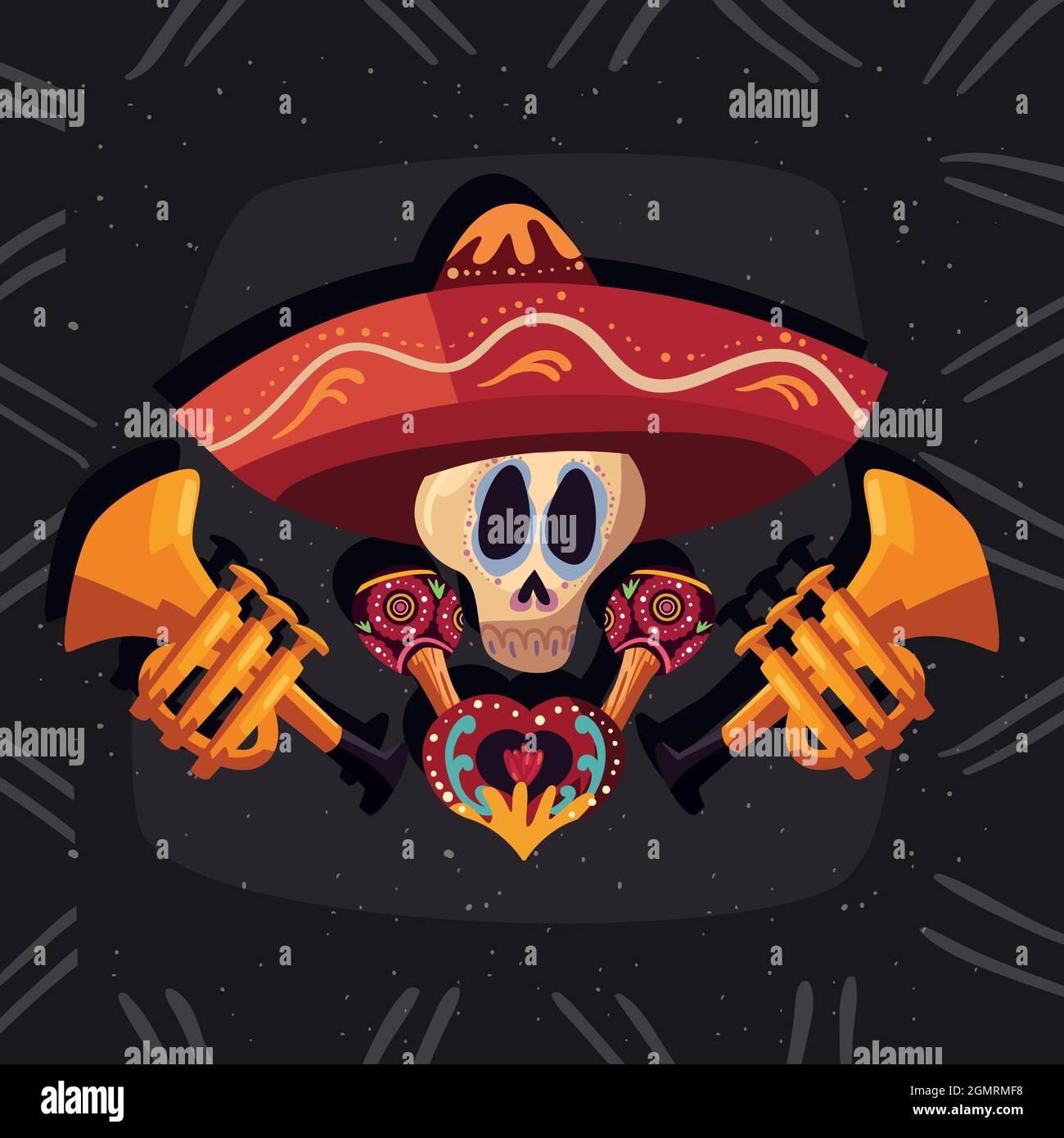 Mexican skull with hat and trumpets on black background Stock Vector ...