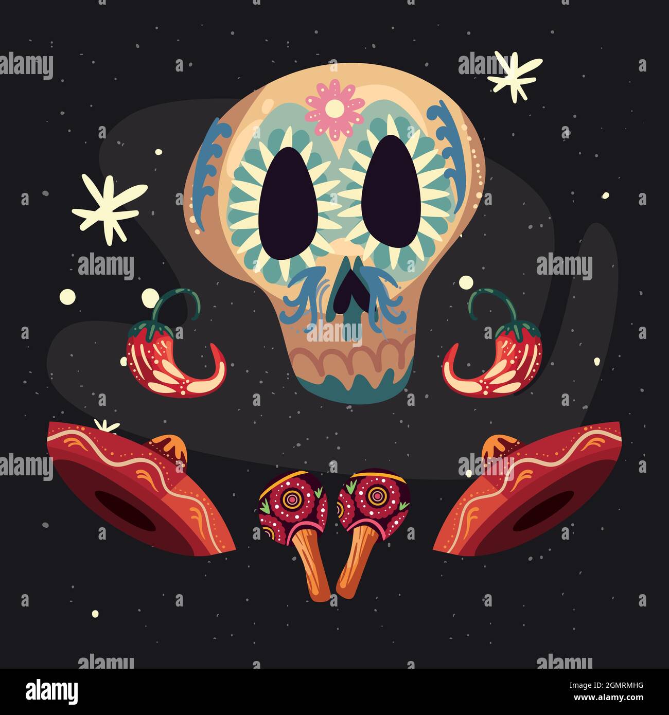 Mexican skull with hats and maracas on black background Stock Vector ...