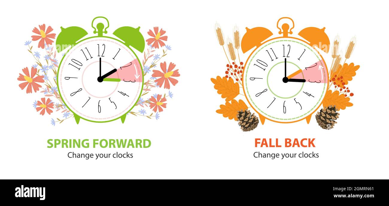 Daylight Saving Time concept. Set of alarm clocks with fall back time and  spring forward. Clocks turning to summer and winter time with autumn and  spr Stock Vector Image & Art -