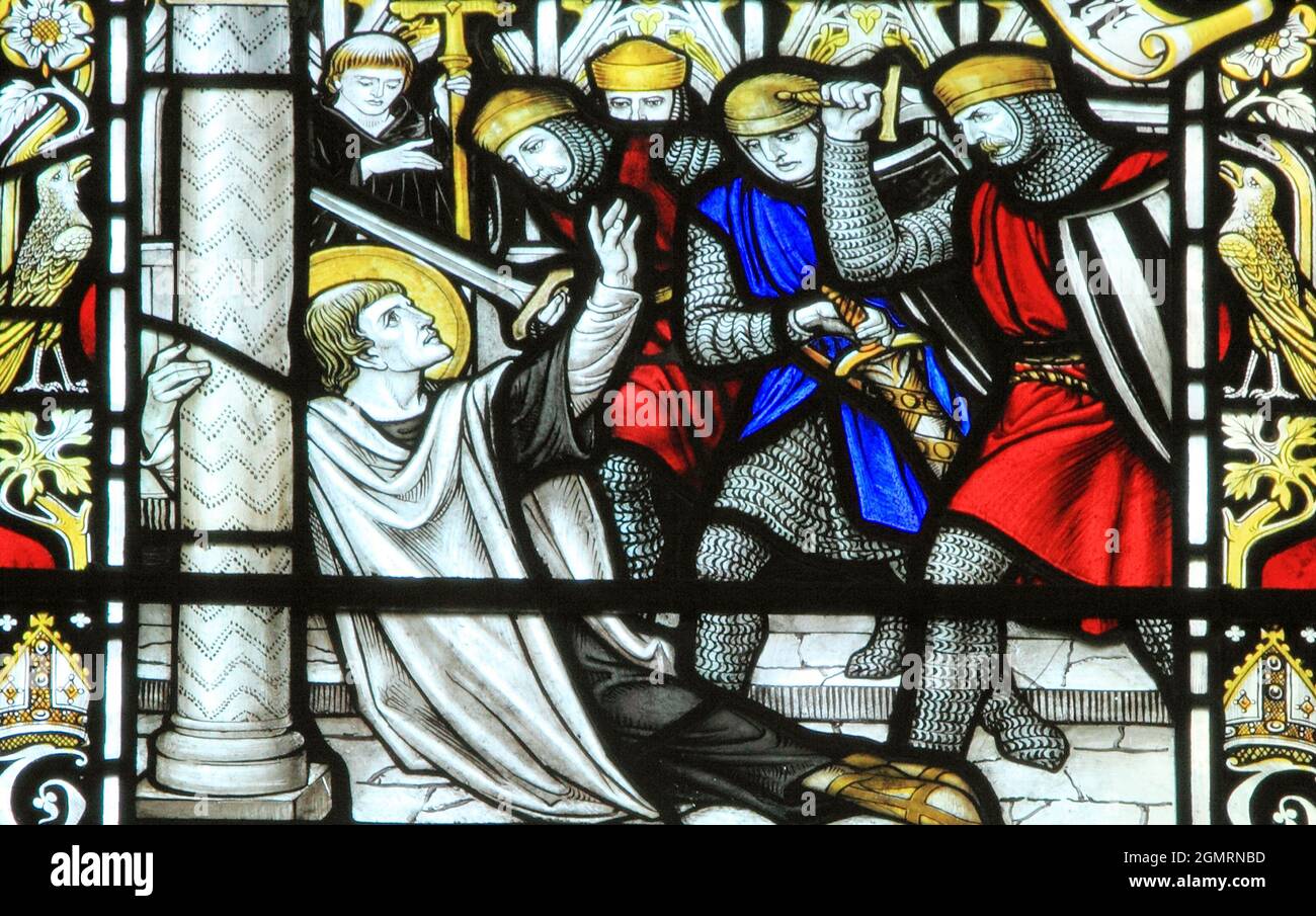 Martyrdom, Murder, of Thomas a Becket, in Canterbury Cathedral, stained glass window, Blakeney, Norfolk, England Stock Photo
