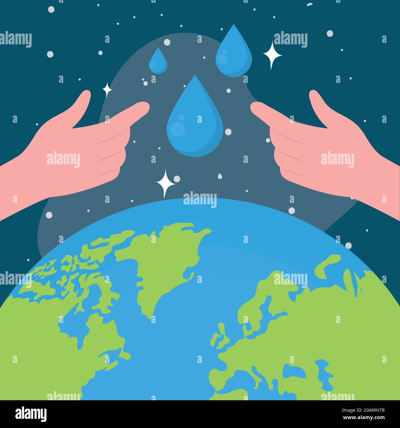 hands with drops and world on blue background Stock Vector
