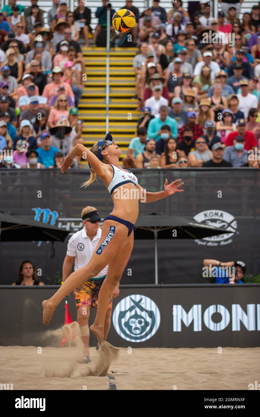Olympic Gold Medalist April Ross (USA) serves the ball at the AVP ...
