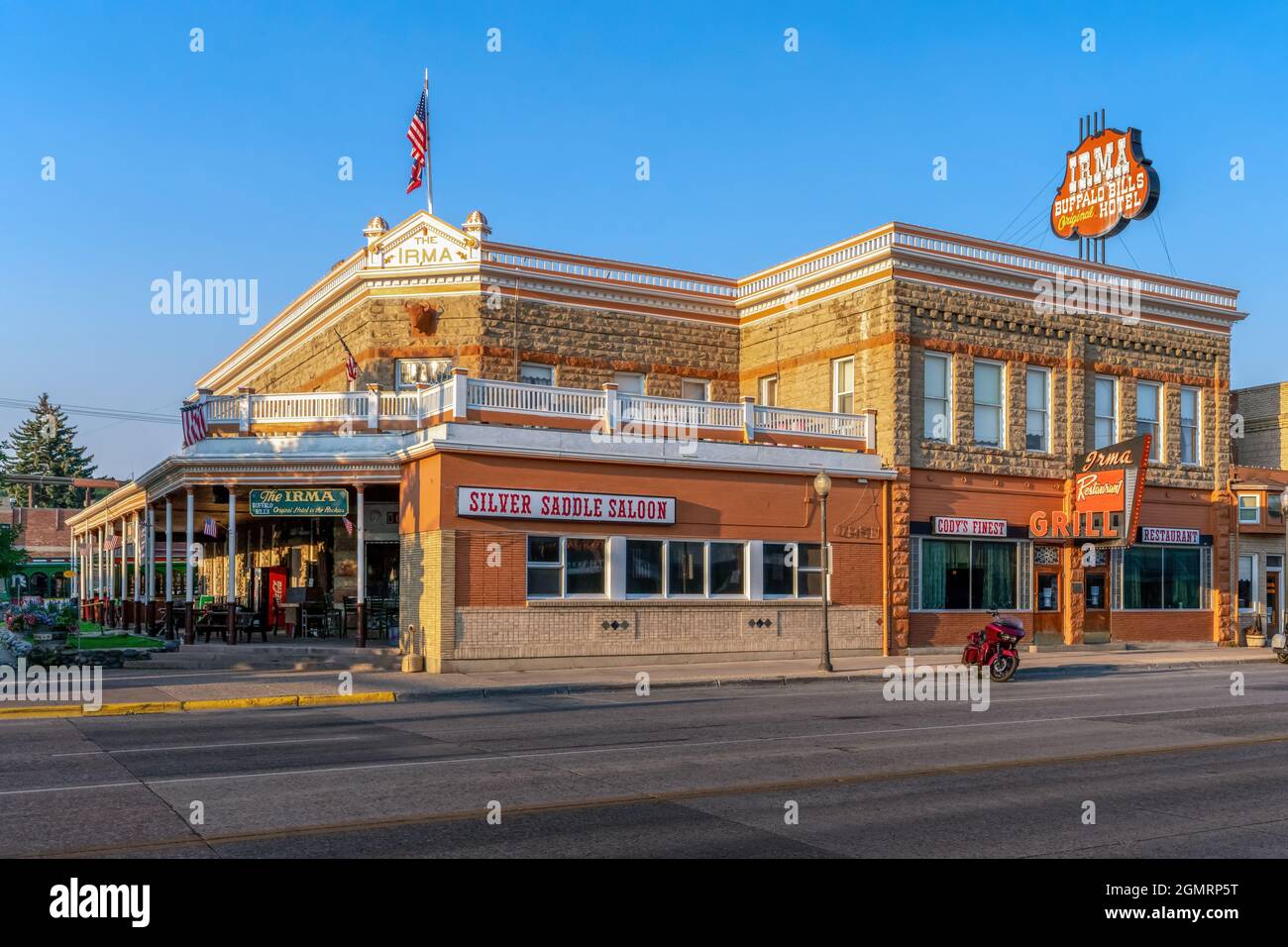 CODY, WY - AUG 2021 : The exterior of Buffalo Bill's Irma Hotel, a historically preserved inn named after the famed showman's daughter. Stock Photo