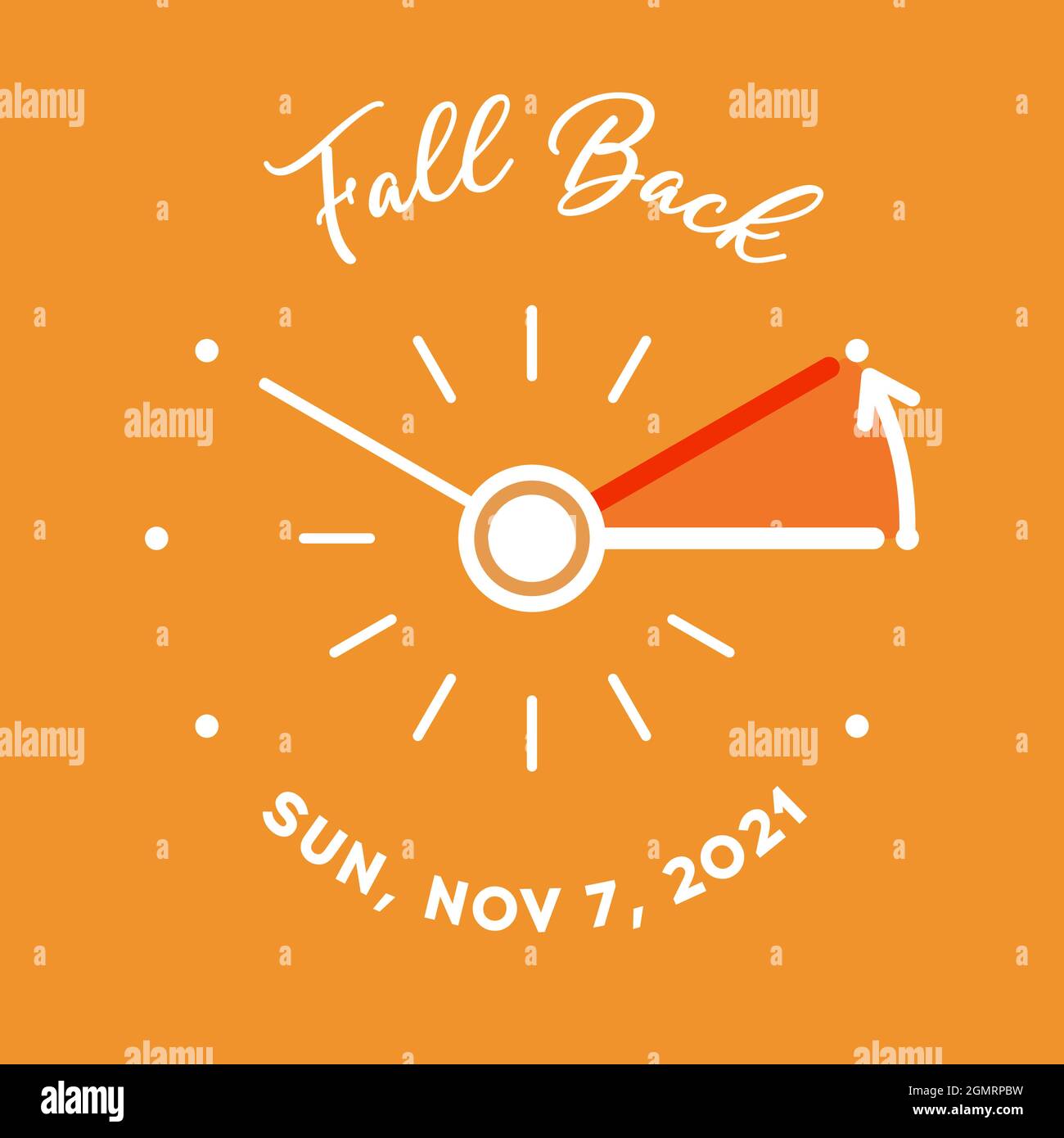 Daylight Saving Time ends 2021 banner. Graphic minimalist clock with turning clock hands to winter time. Fall backward concept. Clocks with date of 7 Stock Vector