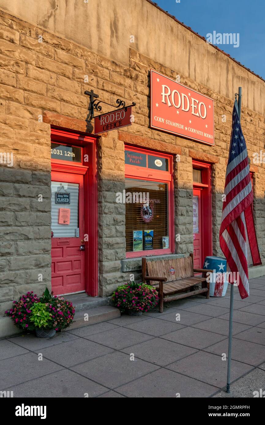 CODY, WY - AUG 2021 : The main office of the historic Cody Stampede & Rodeo. Cody is known as the 'Rodeo Capital of the World'. Stock Photo