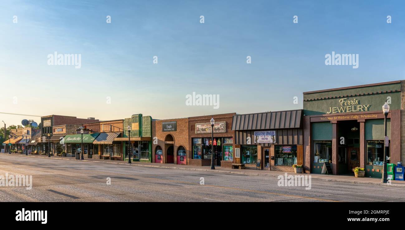 CODY, WY - AUG 2021 : Retail shops along Sheridan Ave, the main street of Cody. Stock Photo