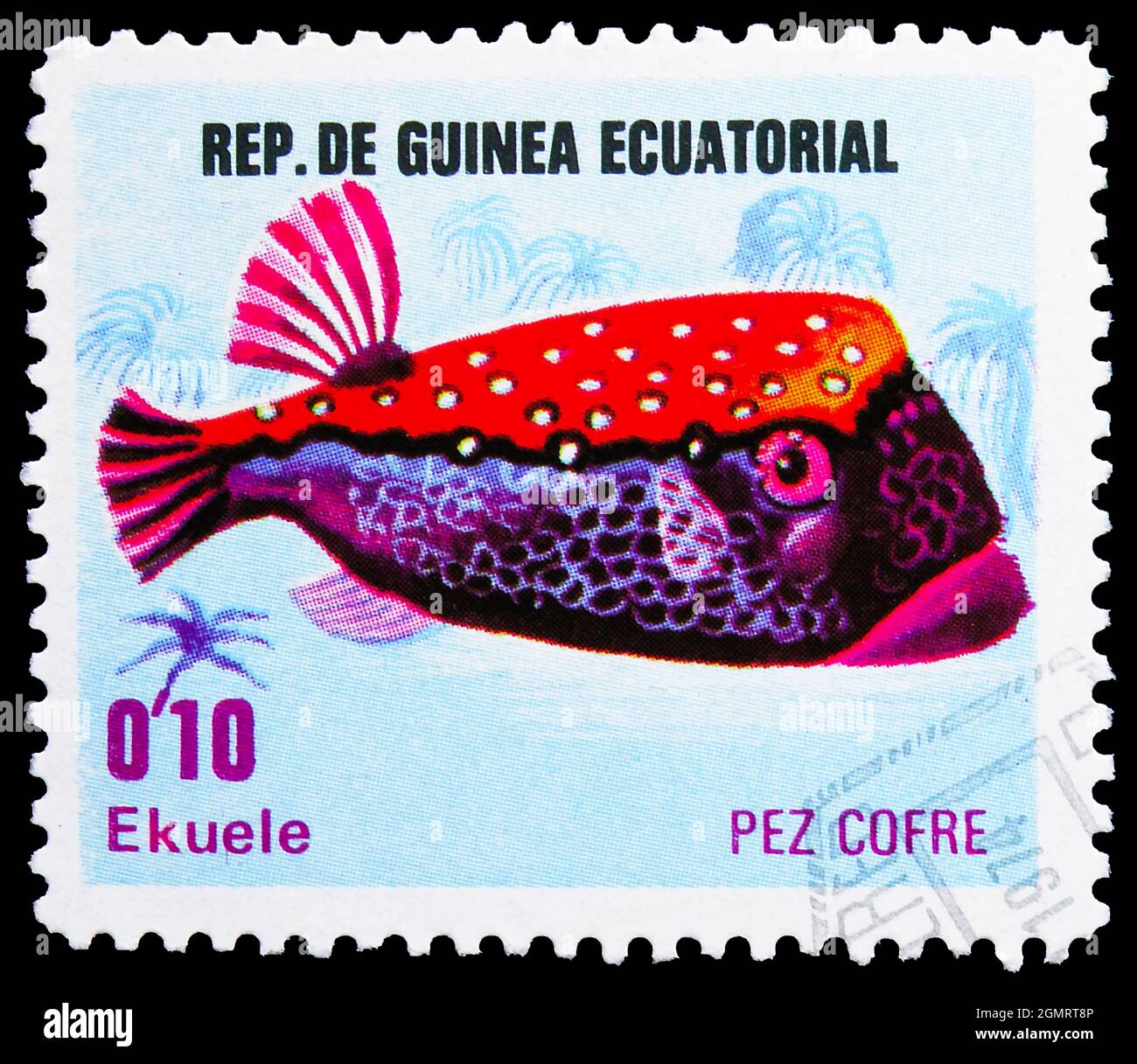 MOSCOW, RUSSIA - NOVEMBER 6, 2019: Postage stamp printed in Equatorial Guinea shows Whitespotted Boxfish (Ostracion meleagris), Fishes (III) tropics s Stock Photo