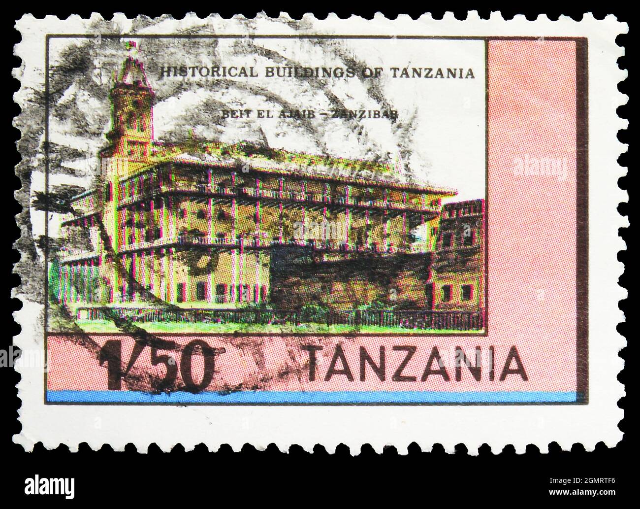 MOSCOW, RUSSIA - NOVEMBER 6, 2019: Postage stamp printed in Tanzania shows Beit-El-Ajaib, Historical buildings of Tanzania serie, 1.50 TSh - Tanzanian Stock Photo