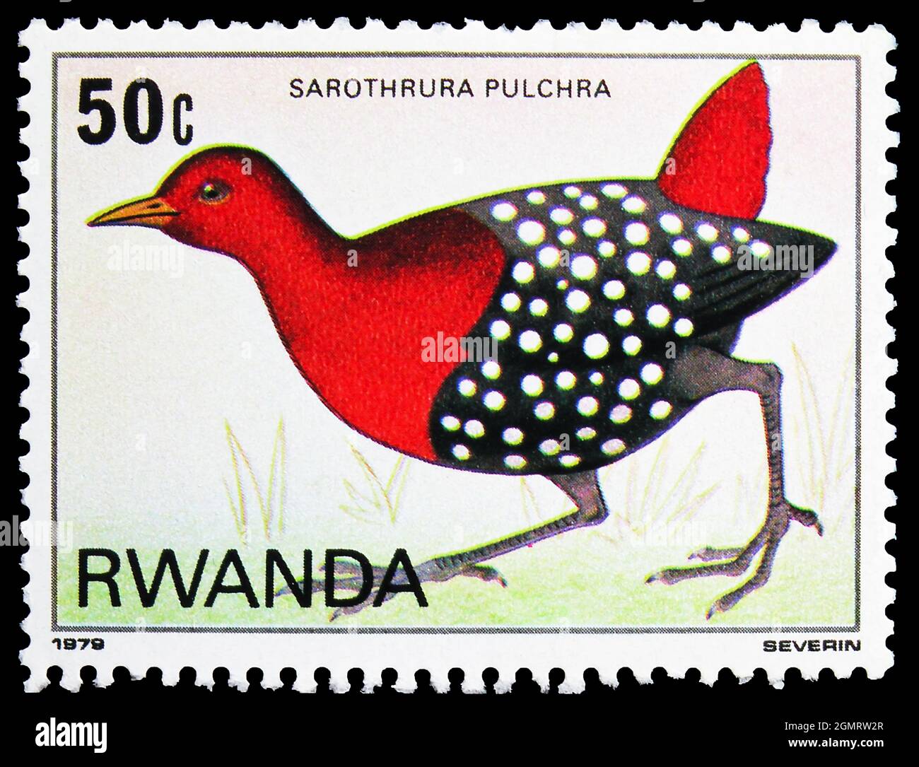 MOSCOW, RUSSIA - NOVEMBER 6, 2019: Postage stamp printed in Rwanda shows White-spotted Flufftail (Sarothrura pulchra), Birds of the Nyungwe Forest ser Stock Photo