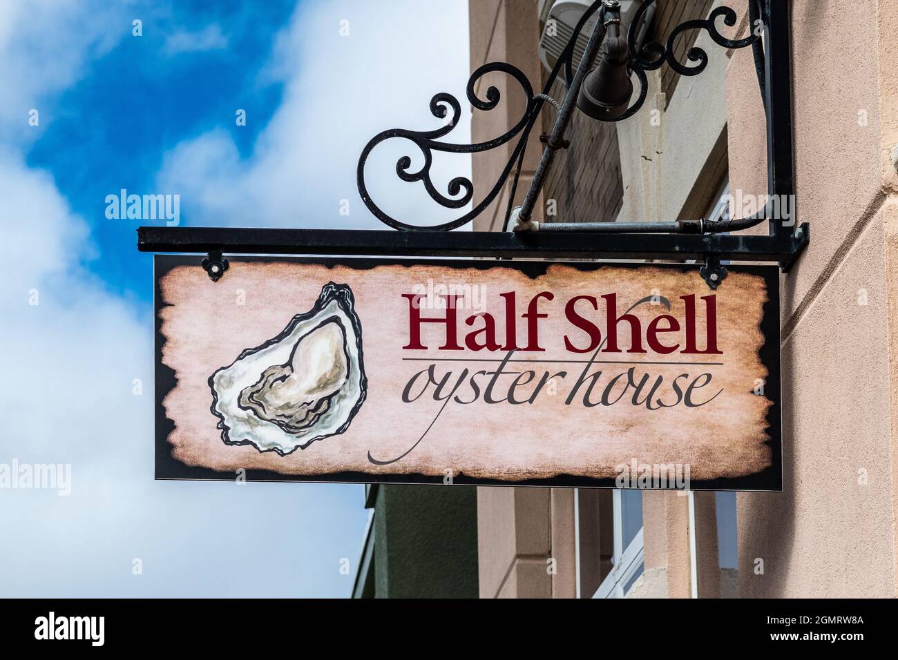 Half Shell Oyster House restaurant sign in downtown Gulfport, Mississippi, USA. Stock Photo