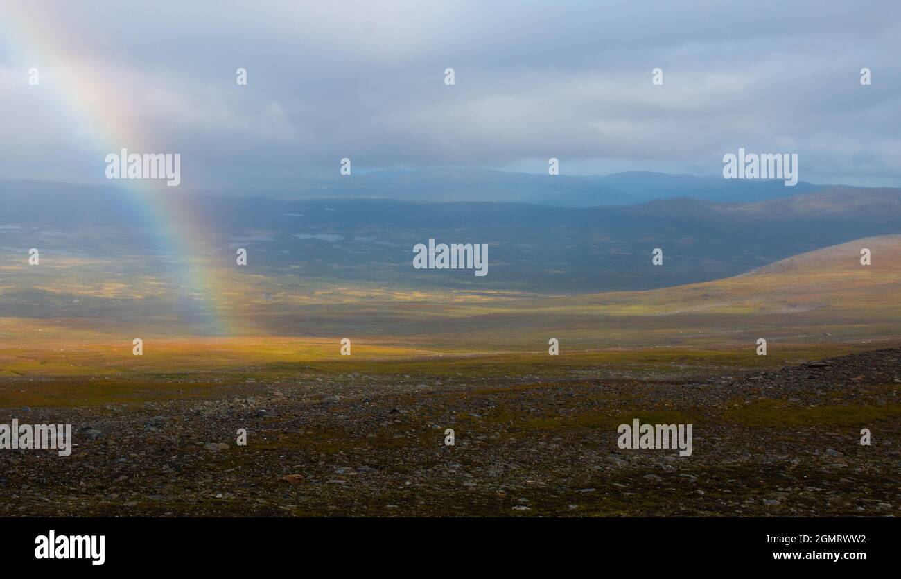 A rainbow in the around Syter hut. A part of Kungsleden hiking trail between Hemavan and Ammarnas, Lapland, Sweden Stock Photo