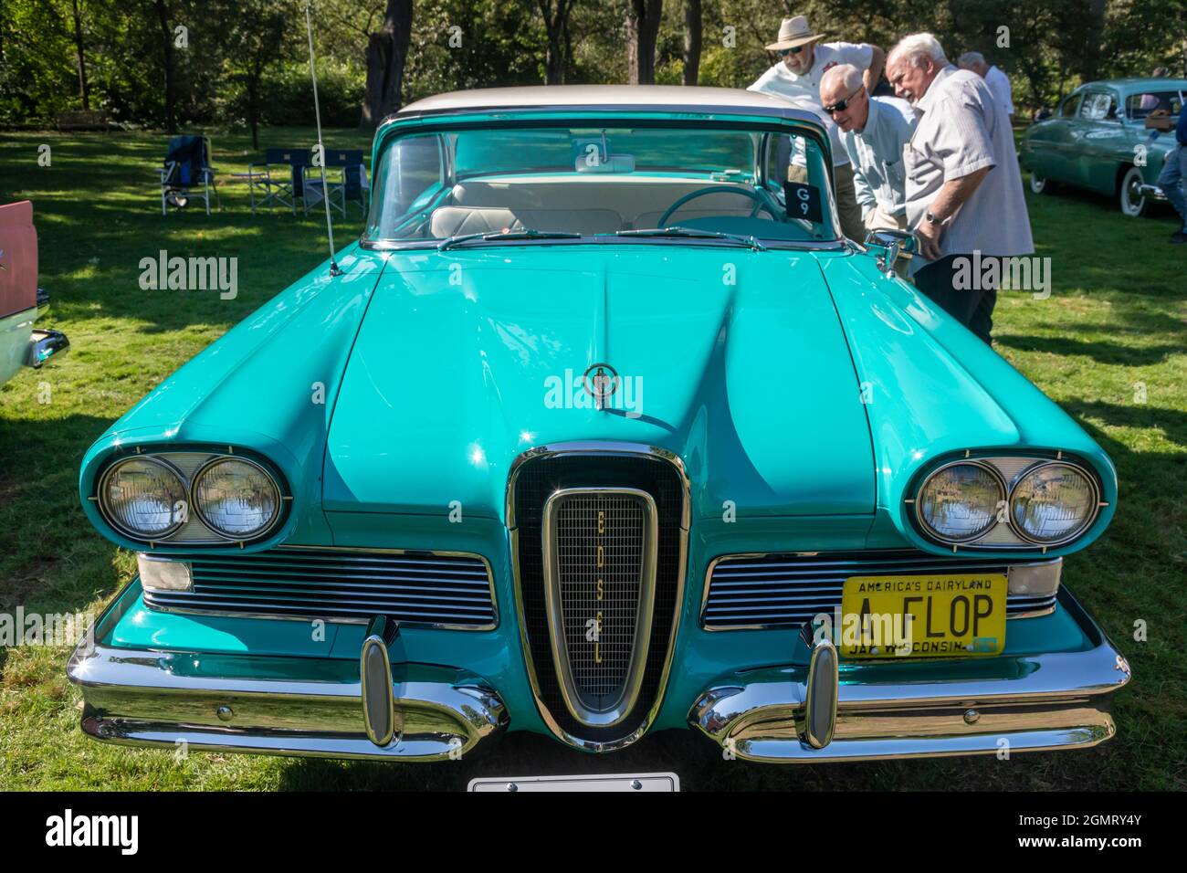 Grosse Pointe Shores, Michigan - The unsuccessful 1958 Edsel Pacer, with a license plate reading 'A Flop,' at the Eyes on Design auto show. This year' Stock Photo