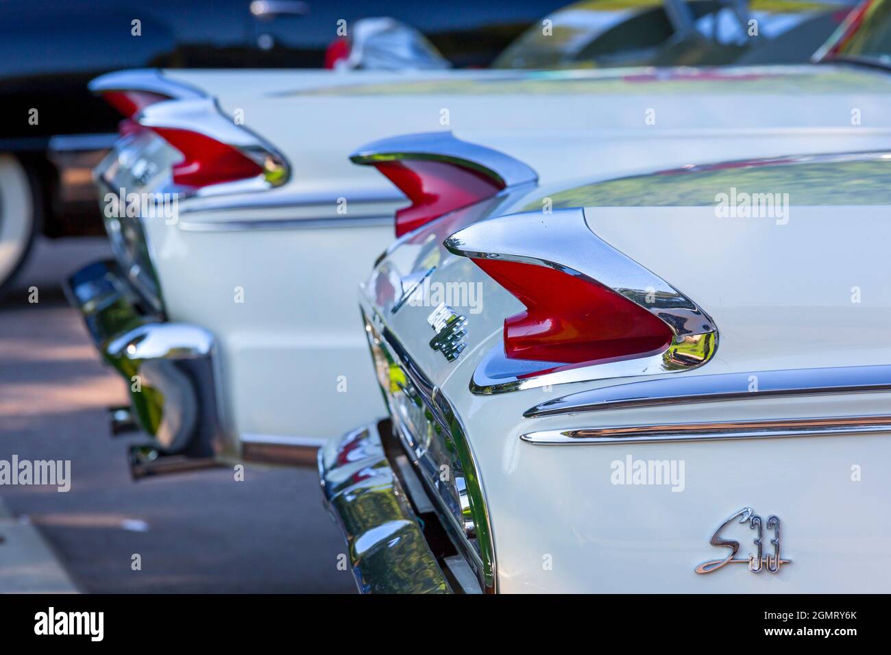 Grosse Pointe Shores, Michigan - Tail fins on the 1963 Mercury Meteor at the Eyes on Design auto show. This year's show featured primarily brands that Stock Photo
