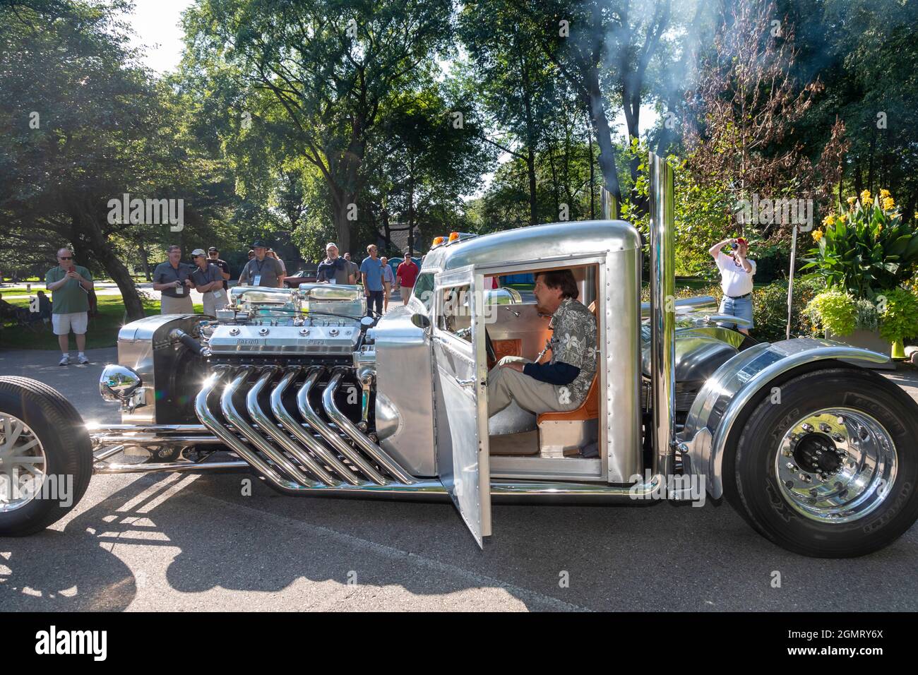 Grosse Pointe Shores, Michigan - Piss'd Off Pete, a vehicle built by designer and artist Randy Grubb at the Eyes on Design auto show. Grubb revs up th Stock Photo