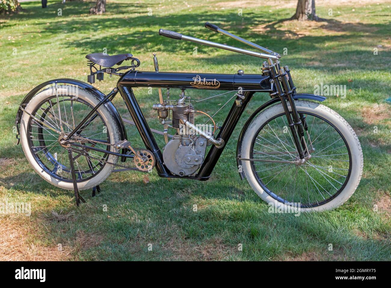 Grosse Pointe Shores, Michigan - The 1911 Detroit Single motorcycle at the Eyes on Design auto show. Stock Photo