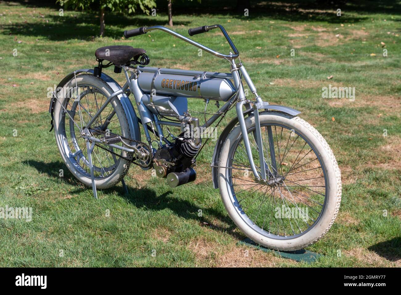 Grosse Pointe Shores, Michigan - The 1909 Greyhound motorcycle at the Eyes on Design auto show. Stock Photo