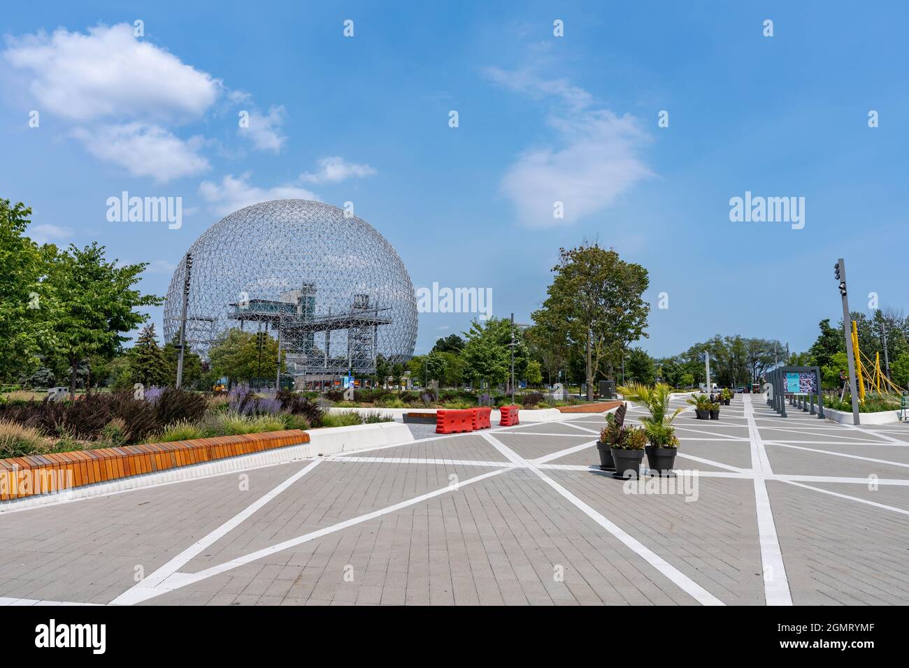 Aerial view of Montreal Biosphere in summer sunny day. Jean-Drapeau park, Saint Helens Island. A museum dedicated to the environment. Stock Photo