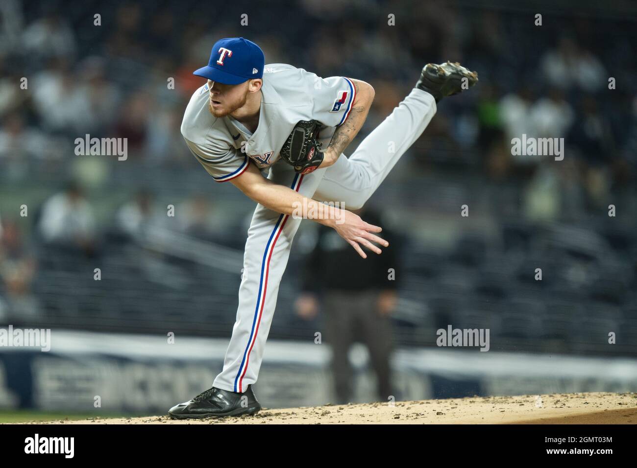 Bronx, United States. 20th Sep, 2021. Texas Rangers starting pitcher A.J. Alexy (62) throws in the first inning against the New York Yankees at Yankee Stadium on Monday, September 20, 2021 in New York City. Photo by Corey Sipkin/UPI Credit: UPI/Alamy Live News Stock Photo