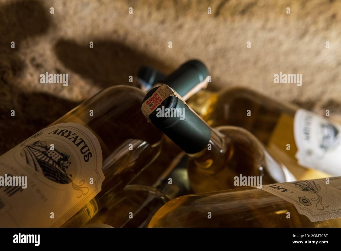 Wines, labeled wines, white wines stacked in a wine cellar, Traditional Cappadocia wine Stock