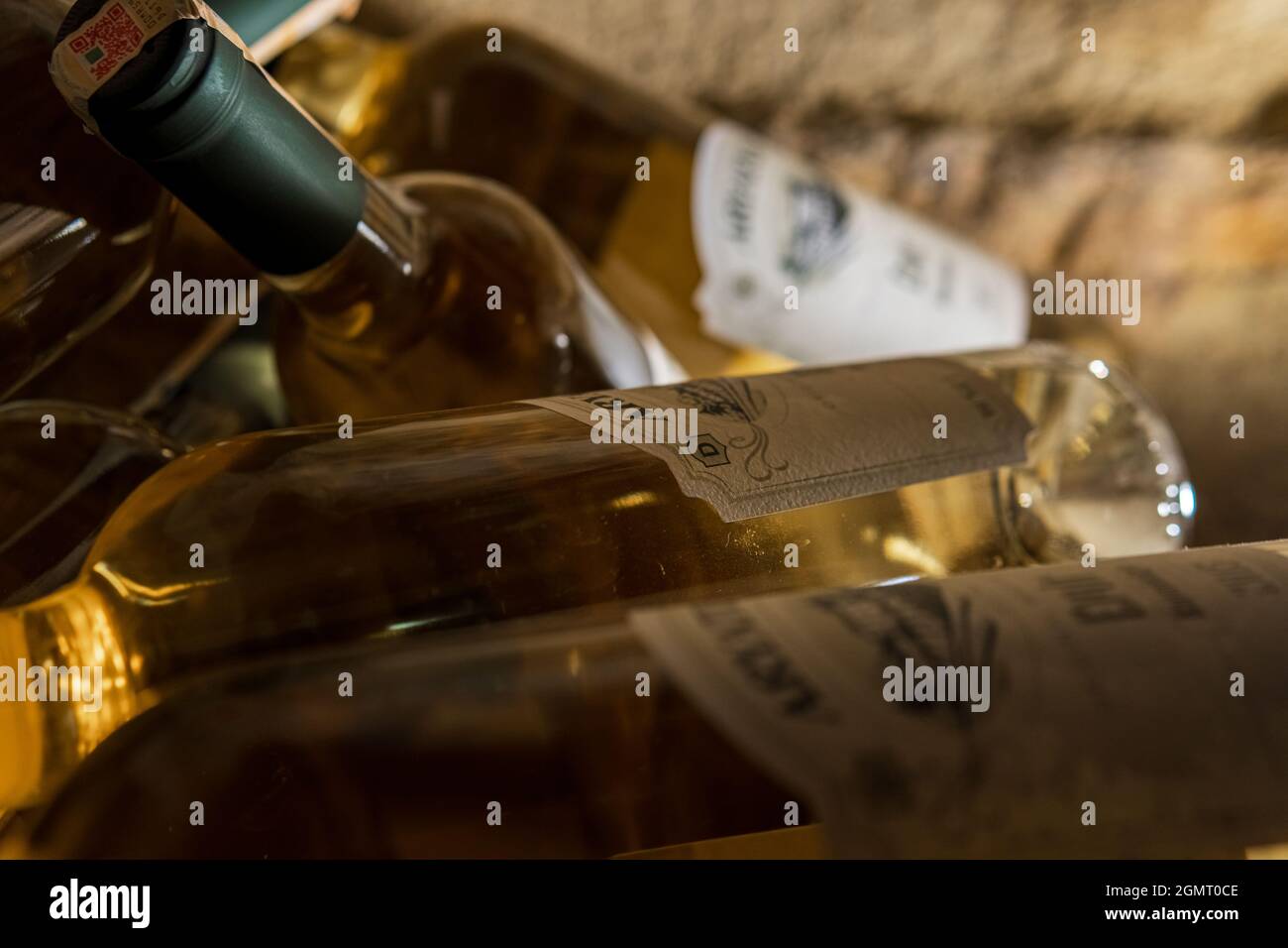 Wines, labeled wines, white wines stacked in a wine cellar, Traditional Cappadocia wine Stock