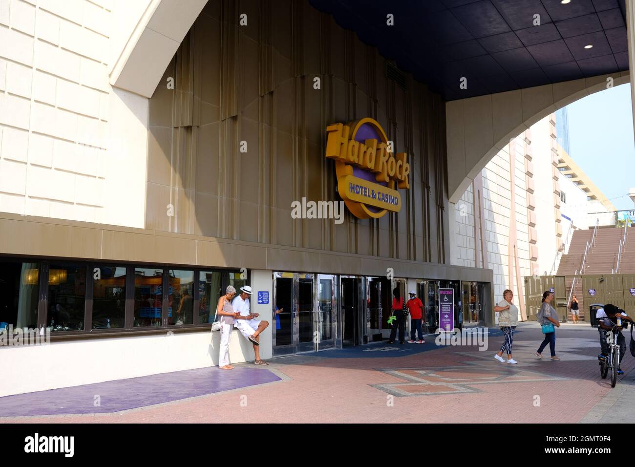 Scene on the boardwalk in front of the Hard Rock Hotel and Casino, Atlantic, City, NJ Stock Photo