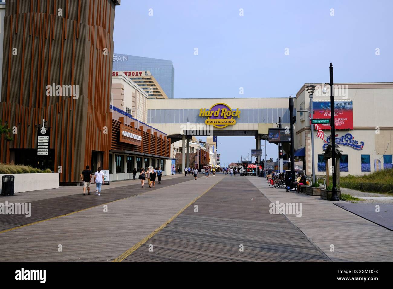 Scene on the boardwalk in front of the Hard Rock Hotel and Casino, Atlantic, City, NJ Stock Photo