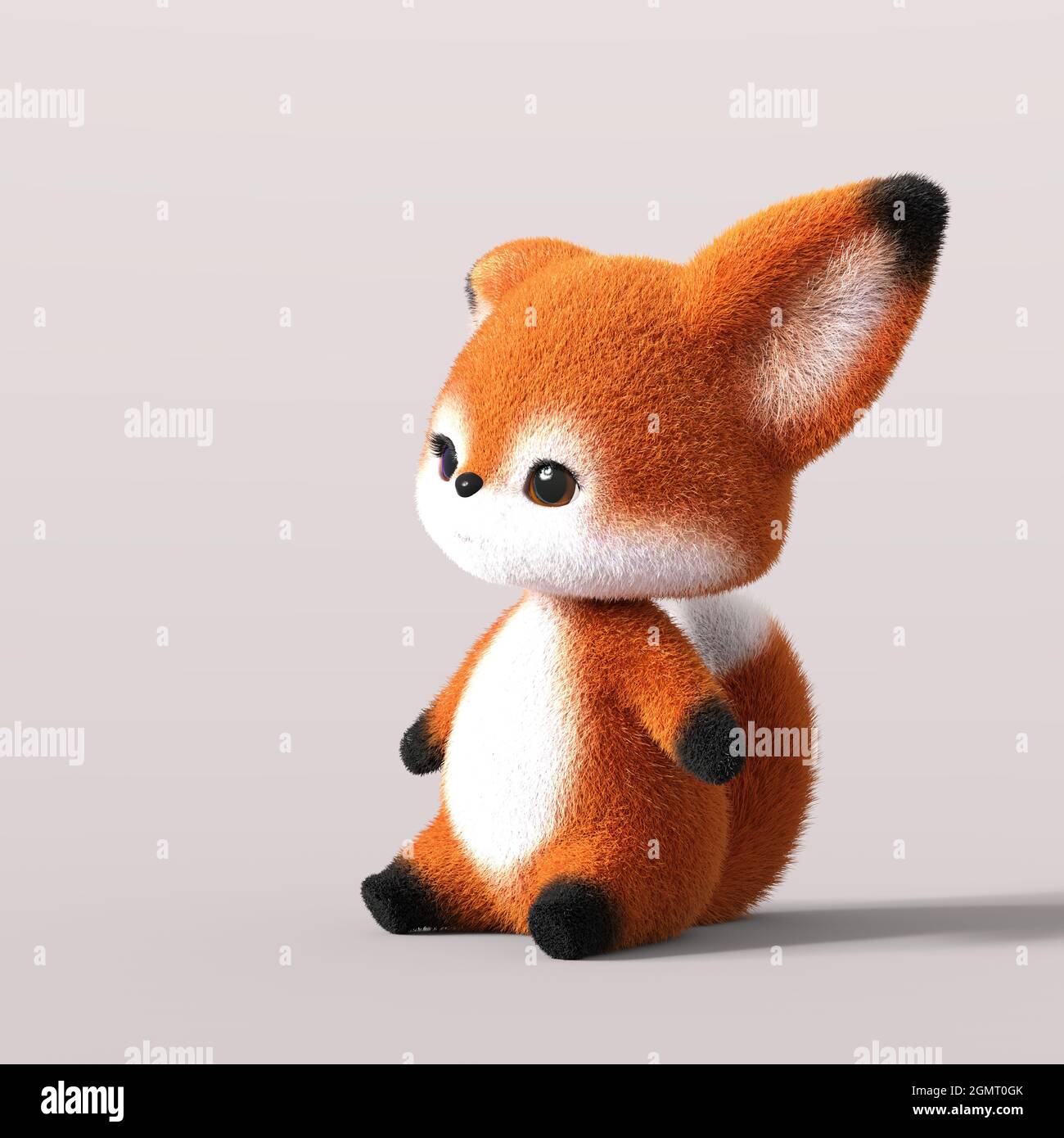 3D-illustration of a cute and funny sitting cartoon fox looking sadly.  isolated rendering object Stock Photo - Alamy