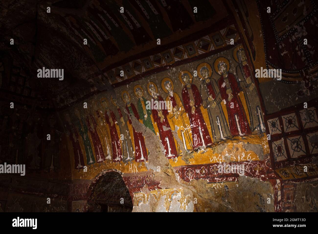 Fresco, wall frescoes in an old church bearing traces of a past civilization, Cappadocia old churches, travel to Turkey Stock Photo