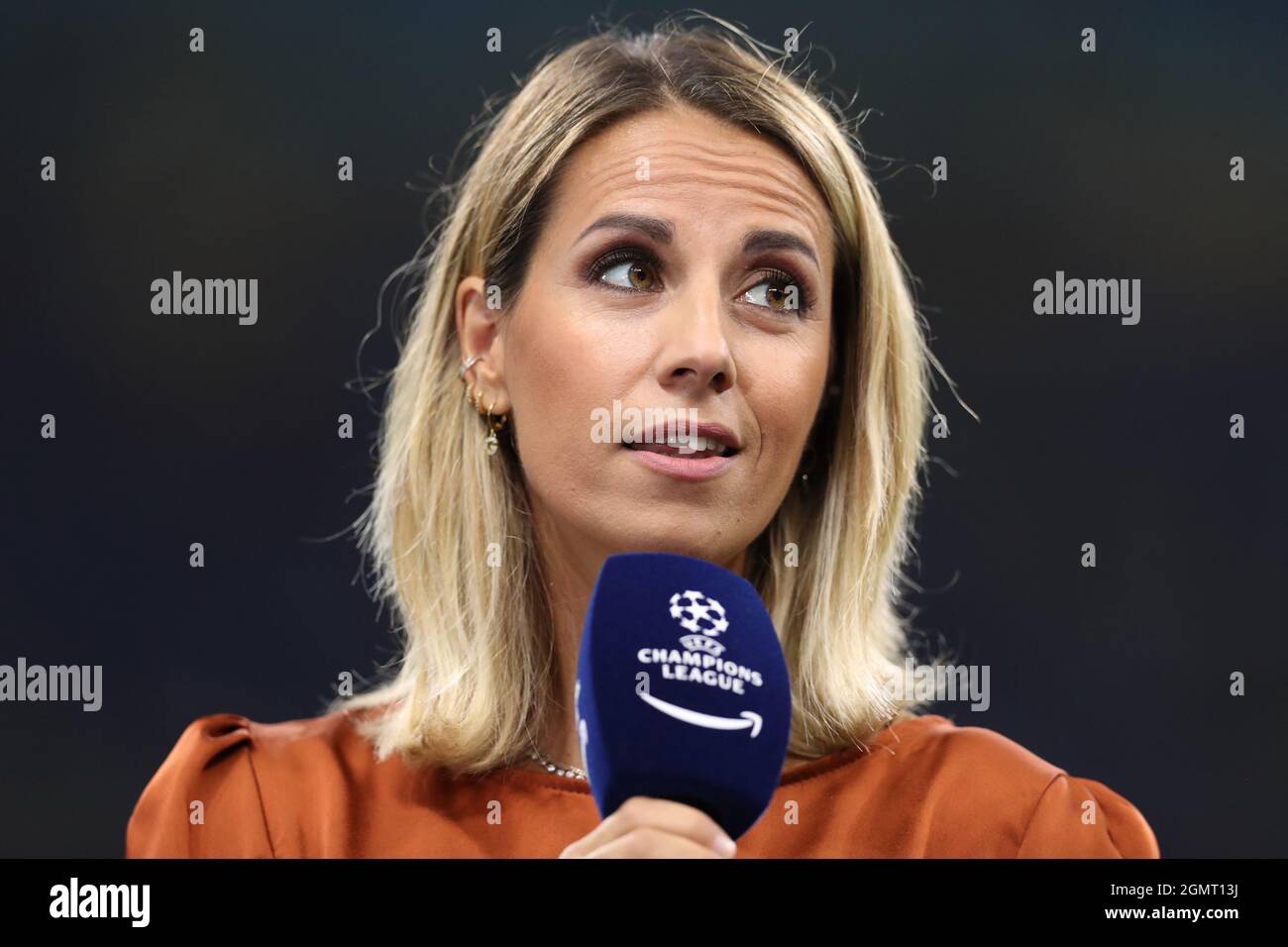 Milan, Italy, 15th September 2021. Amazon Prime Presenter Giulia Mizzoni  reacts during the pre-match transmission of the UEFA Champions League match  at Giuseppe Meazza, Milan. Picture credit should read: Jonathan Moscrop /