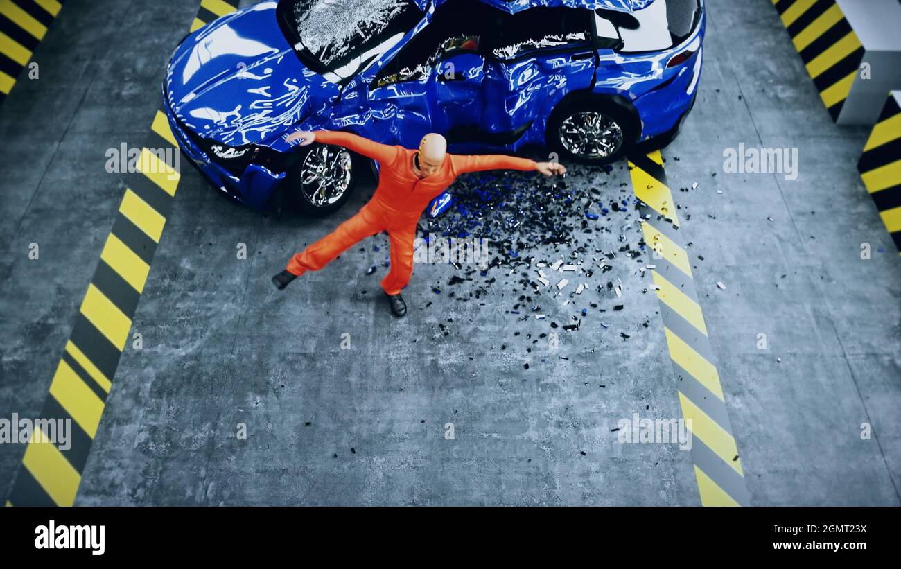 Crash test funny dummy, mannequin dancing. Car crash. 3d rendering