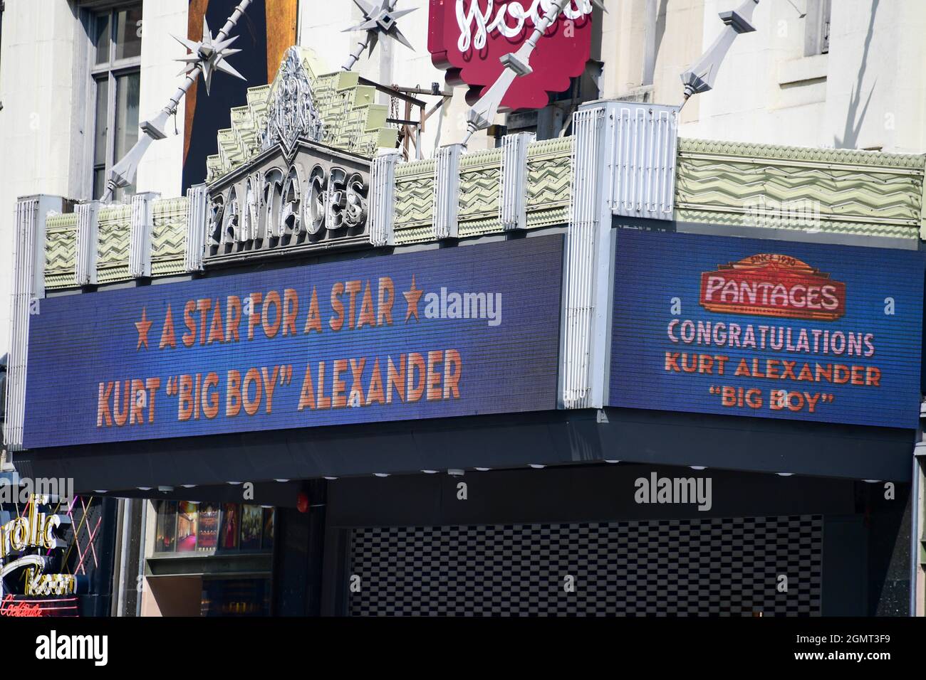 Signage illuminated on the Hollywood Pantages theater celebrates during a Hollywood Walk of Fame ceremony for Real 92.3 DJ Kurt “Big Boy” Alexander, W Stock Photo