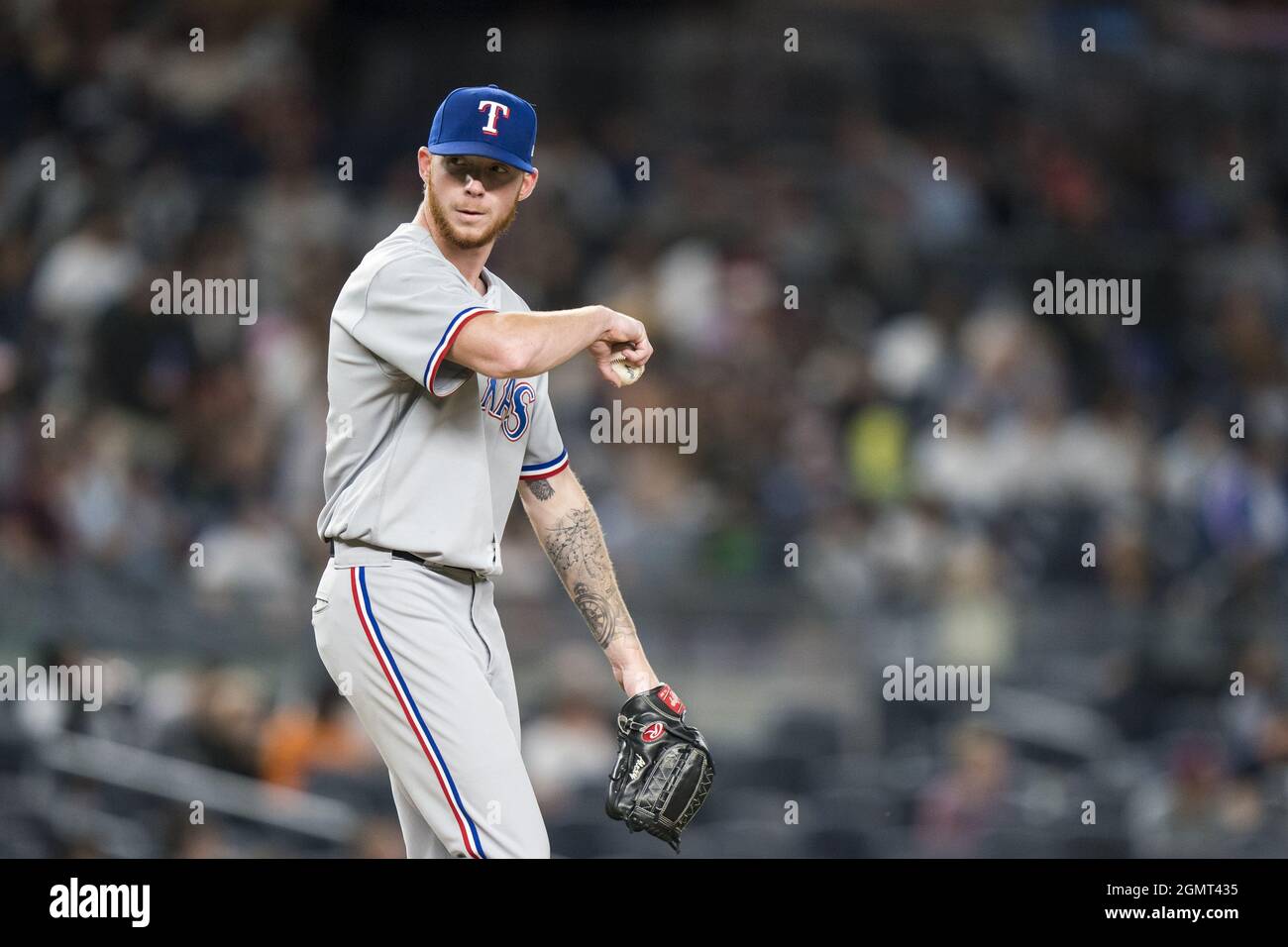 Bronx, United States. 20th Sep, 2021. Texas Rangers starting pitcher A.J. Alexy (62) reacts in the third inning against the New York Yankees at Yankee Stadium on Monday, September 20, 2021 in New York City. Photo by Corey Sipkin/UPI Credit: UPI/Alamy Live News Stock Photo