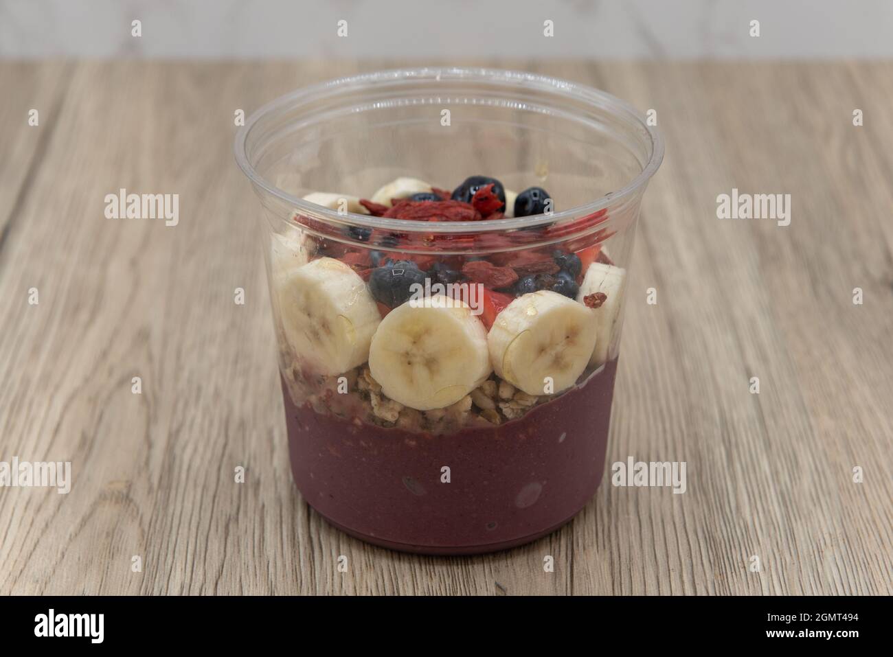 Acai fruit bowl blueberries, strawberry, and goji berry with blended flavors to increase your immunity and better nutrition. Stock Photo
