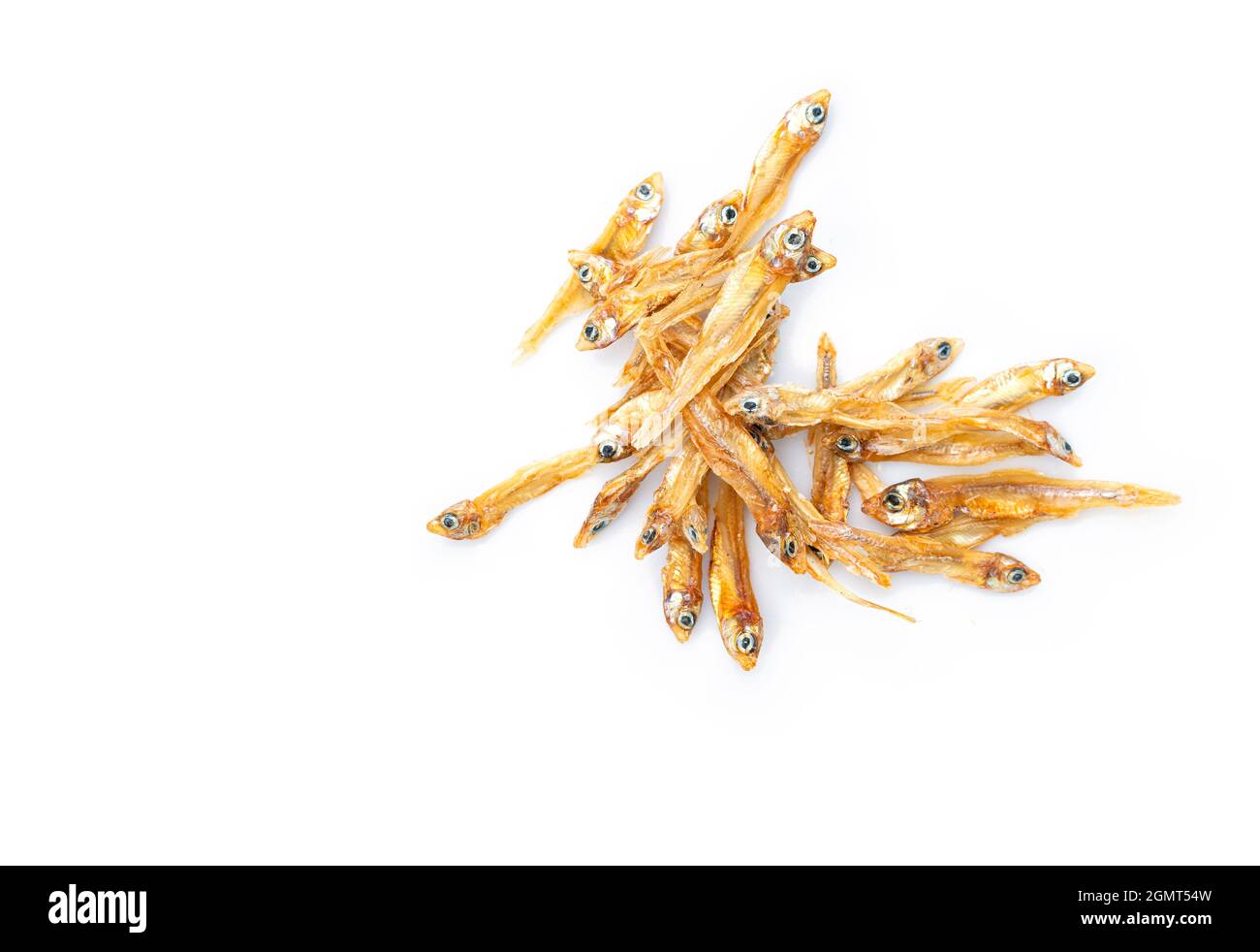 Top view small group of dried anchovies fish on white background, macro