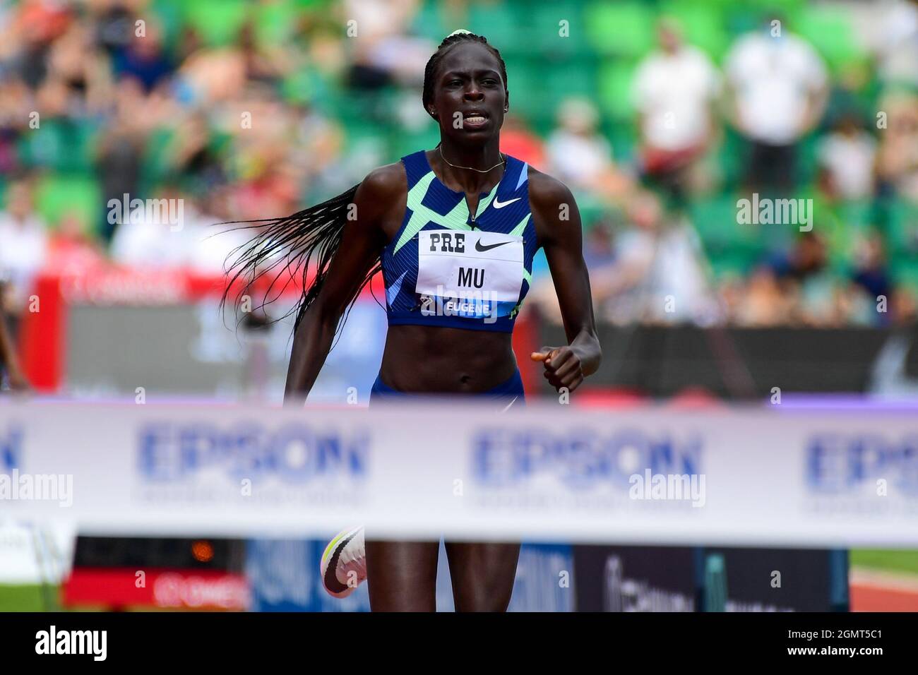 Athing Mu (USA) finishes the 800m in 1:55.04 during the 46th Prefontaine Classic, Saturday, Aug 21, 2021, in Eugene, Ore. (Dylan Stewart/Image of Spor Stock Photo