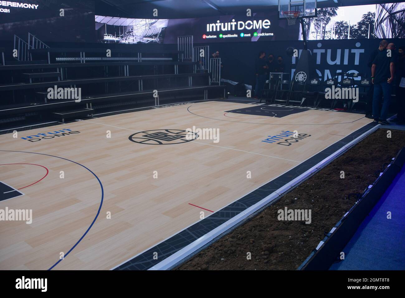 General overall view of the basketball court that acted as a stage during a groundbreaking ceremony for the new home of the Los Angeles Clippers, Intu Stock Photo