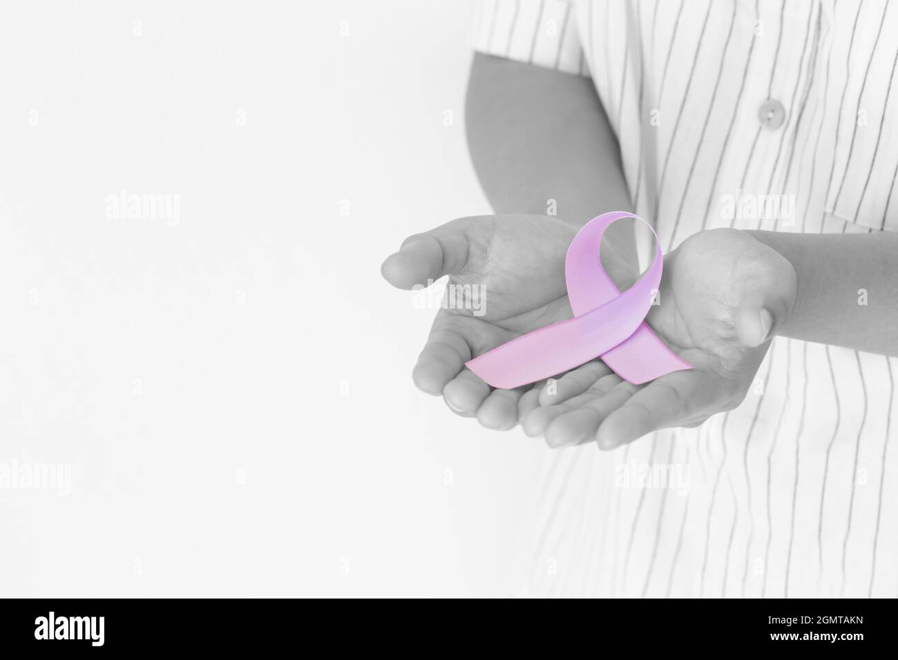 Hands holding light purple ribbon on white background, copy space. Testicular Cancer Awareness, Alzheimer disease, Epilepsy awareness, World Cancer Da Stock Photo