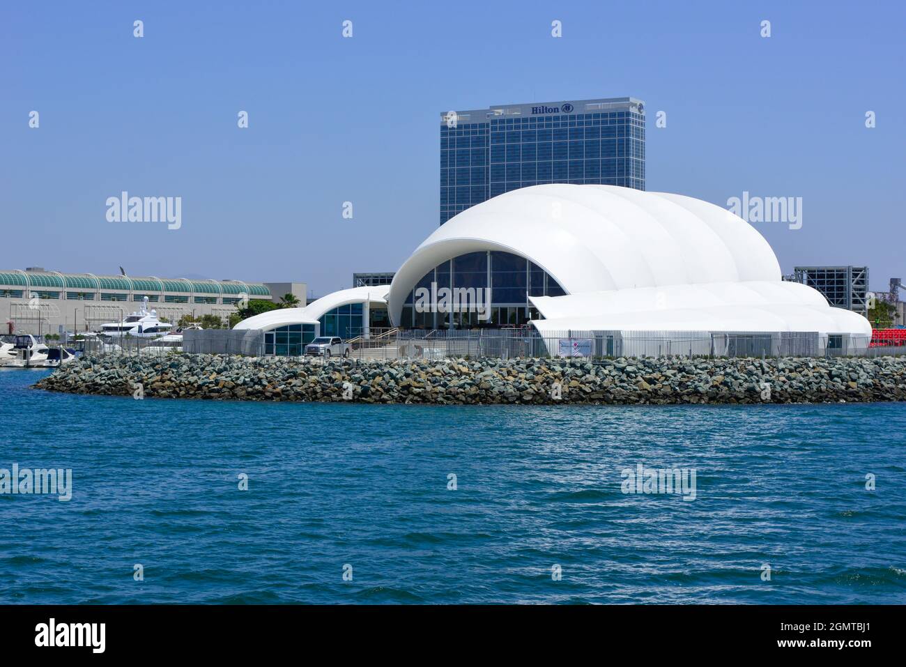 The iconic Rady Shell amphitheater at Jacobs Park located in Embarcadero Marina Park South, home to the San Diego Symphony, on the San Diego, CA bay Stock Photo