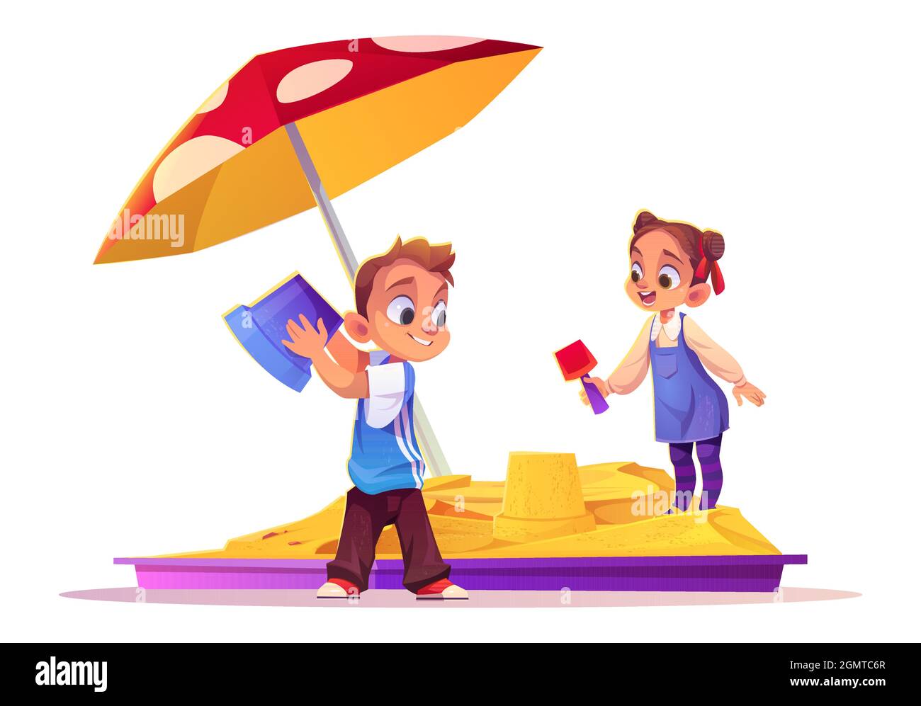 Children playing in sand box, little boy and girl building castle in sandbox using bucket and shovel toys. Kids outdoor fun, summer recreation, leisure, activity isolated, Cartoon vector illustration Stock Vector