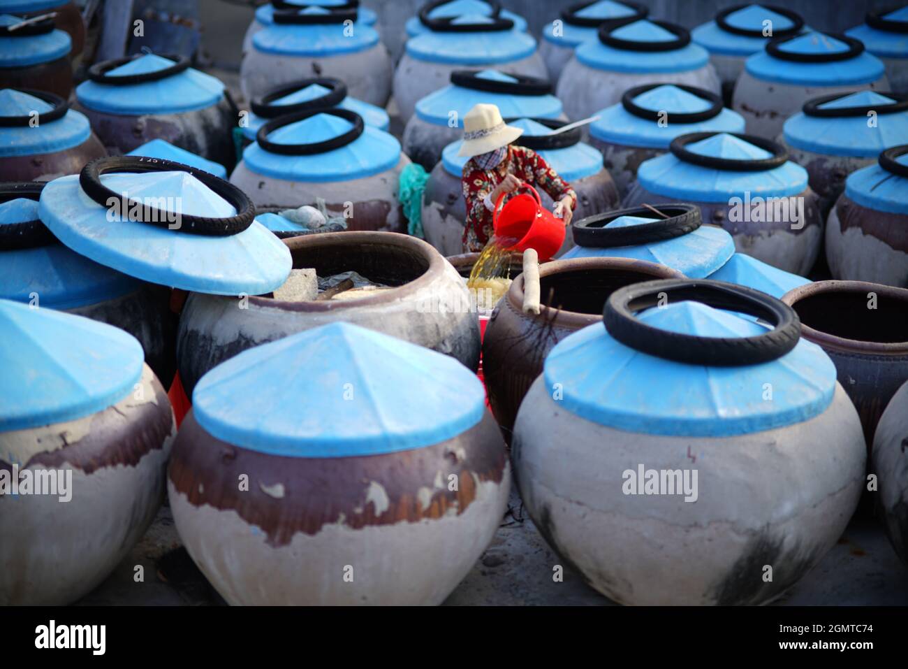 Fish sauce container in Binh Thuan province southern Vietnam Stock Photo