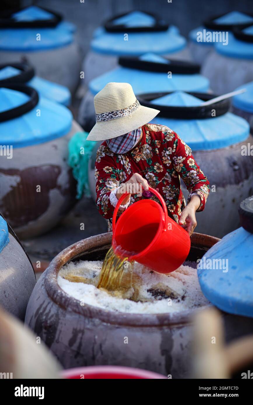 Fish sauce container in Binh Thuan province southern Vietnam Stock Photo