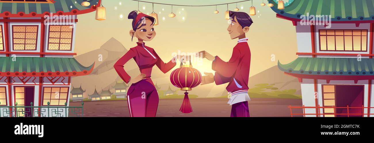 Chinese people celebrate lunar New Year in China village. Man and woman ...