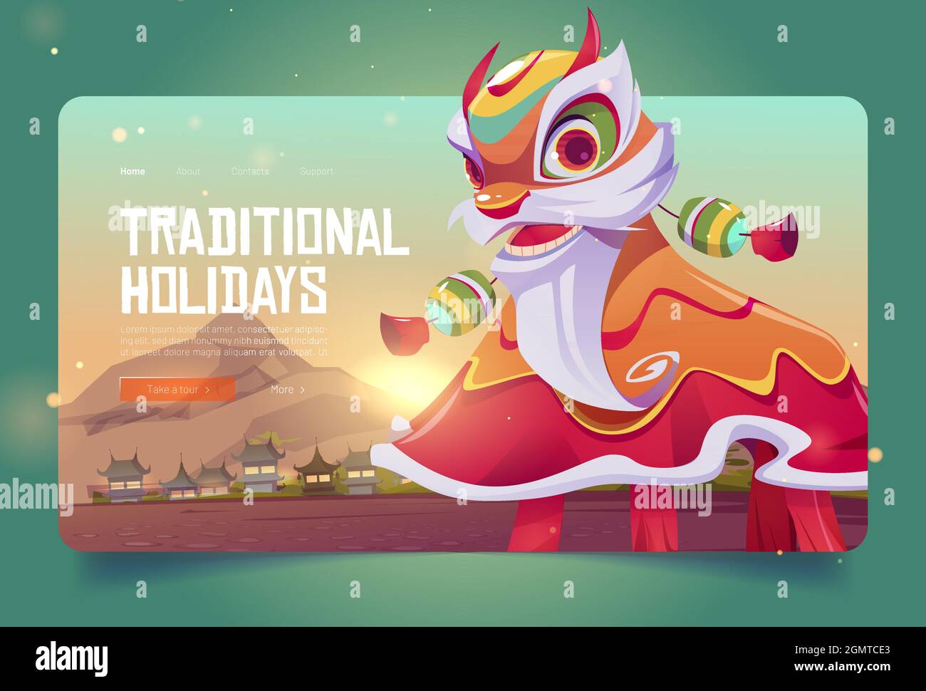 Traditional holidays banner with Chinese New Year Lion dance. Vector landing page of asian festival and celebration with cartoon illustration of village in China and Lion dancer costume Stock Vector