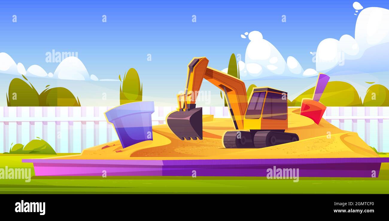 Sandbox on playground, kids sand box with toys plastic bucket, excavator and shovel, sandpit at house back yard with white fence under blue cloudy sky at summer time, Cartoon vector illustration Stock Vector