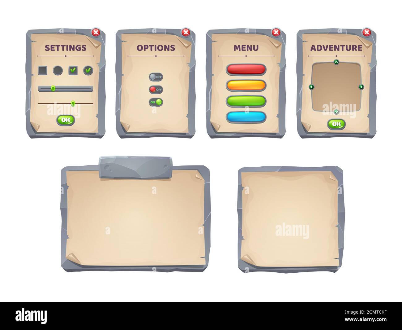 Game ui scrolls, stone boards and antique parchments cartoon menu interface, rocky textured planks, gui graphic design elements. User panel with settings, options or adventure isolated 2d vector set Stock Vector
