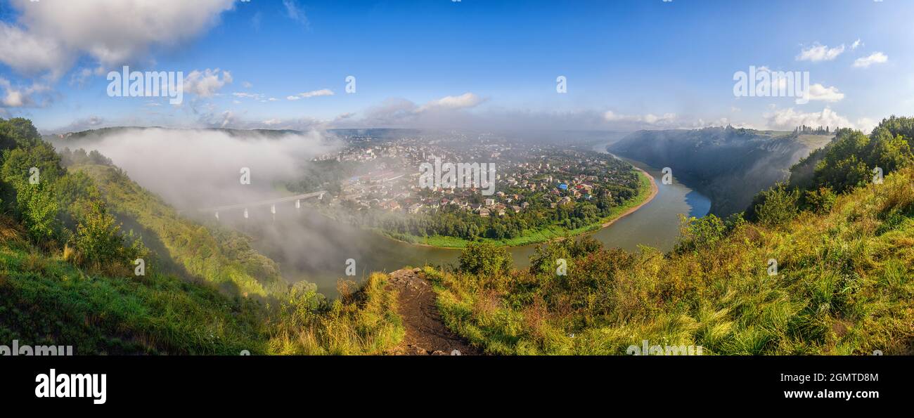 Panoramic view on Zalishchyky town and the Dniester river meander and canyon. National Natural Park Dniester Canyon, Ukraine Stock Photo