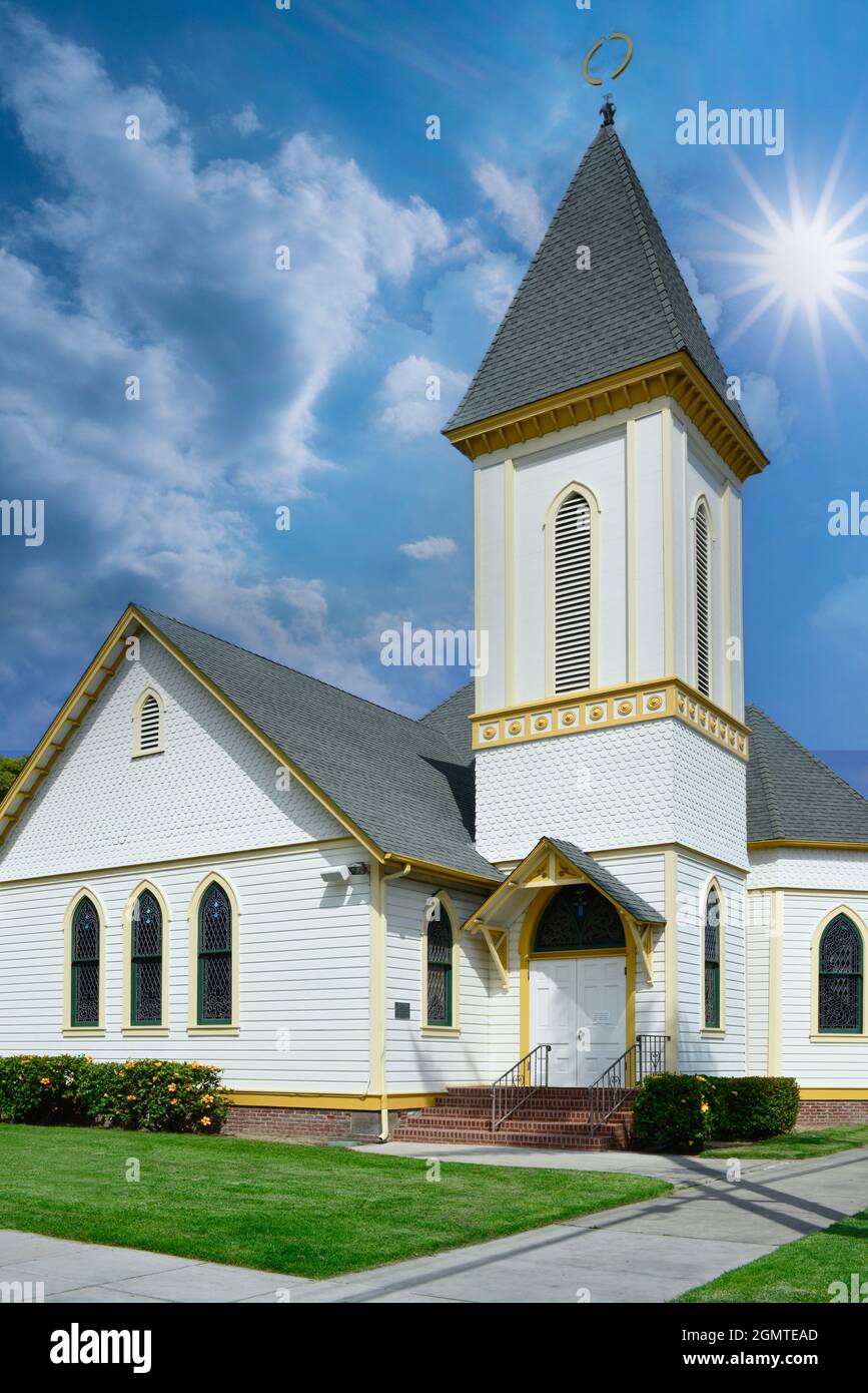 The Graham Memorial Presbyterian Church, built in 1890, a California Queen Anne Revival-style building with wonderful sacral architectural details, CA Stock Photo