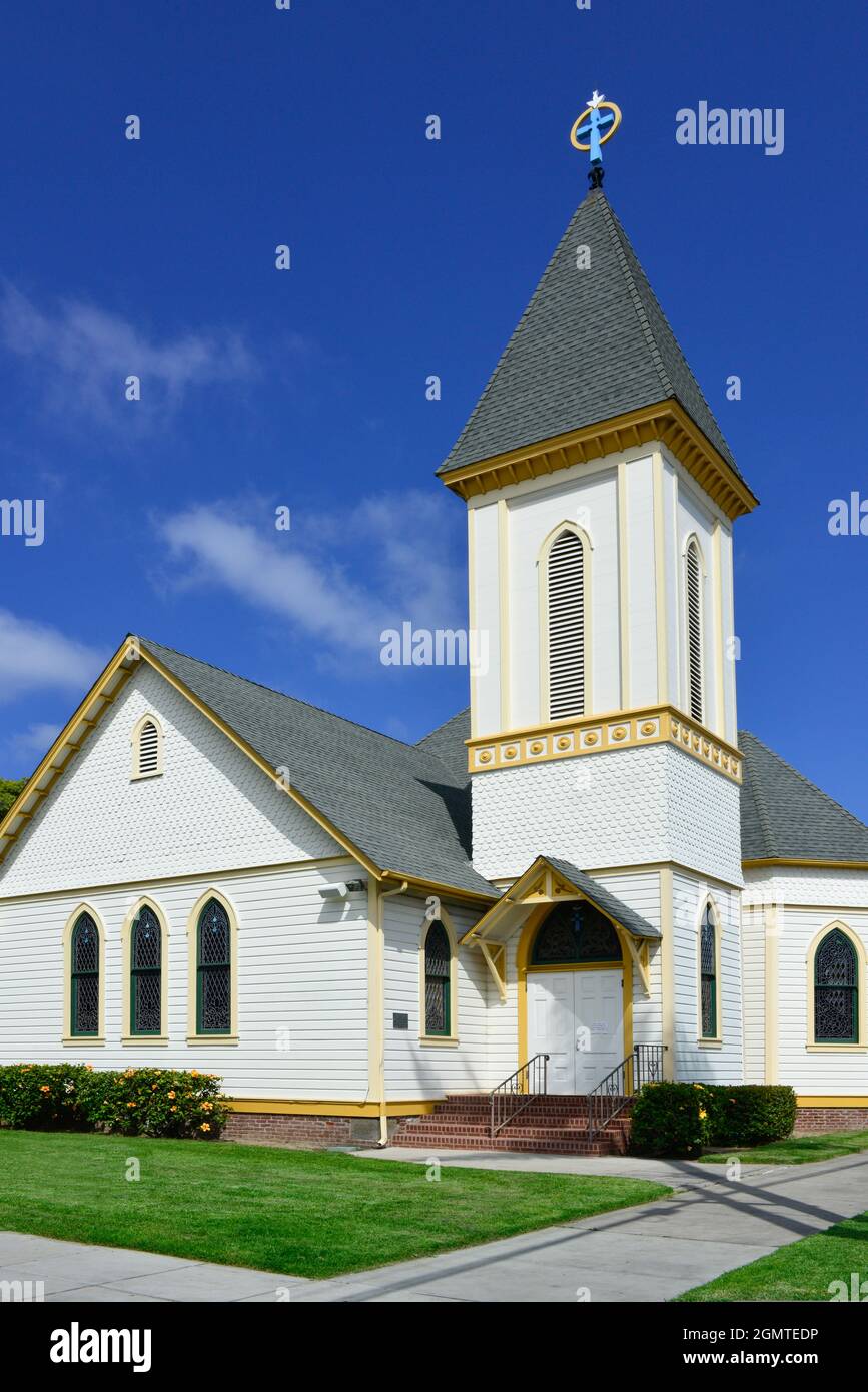 The Graham Memorial Presbyterian Church, built in 1890, a California Queen Anne Revival-style building with wonderful sacral architectural details, CA Stock Photo